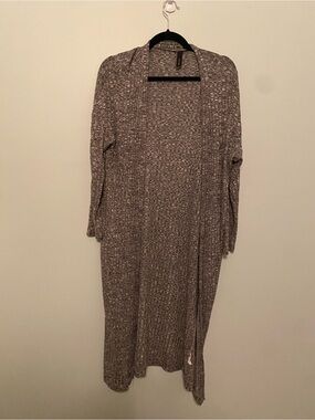 Gray Ribbed Open Long Cardigan